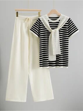 Striped Black & White Tee with Cream Wide-Leg Pants
